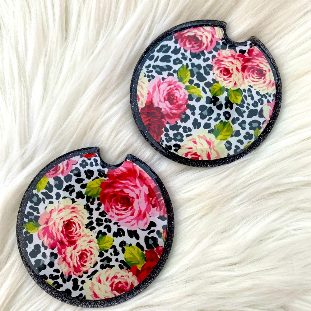 Car cup holder coasters set of 2 couch cup holder leopard floral black glitter